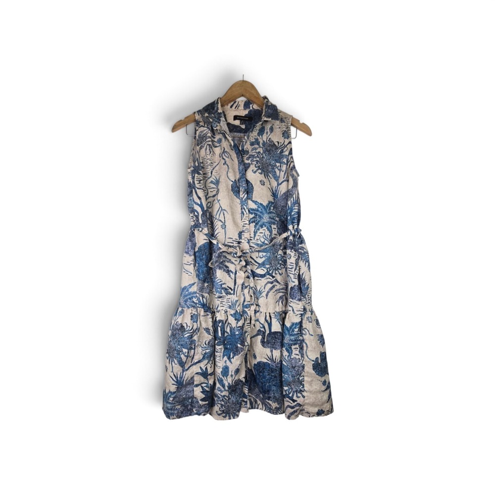 Jim Thompson Sakuna 100% Linen Button Bird Leaf Print  Dress Size 2 Coastal